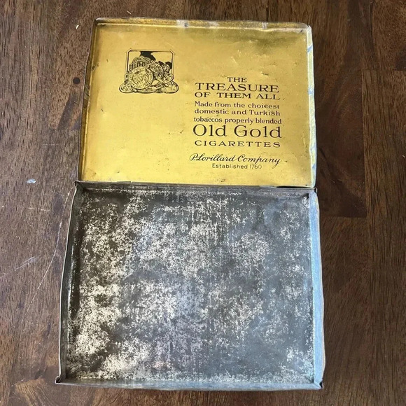 VINTAGE EMPTY FLAT OLD GOLD 50 COUNT CIGARETTE TIN HINGED LID 5-5/8" X 4.5" - Picture 2 of 3